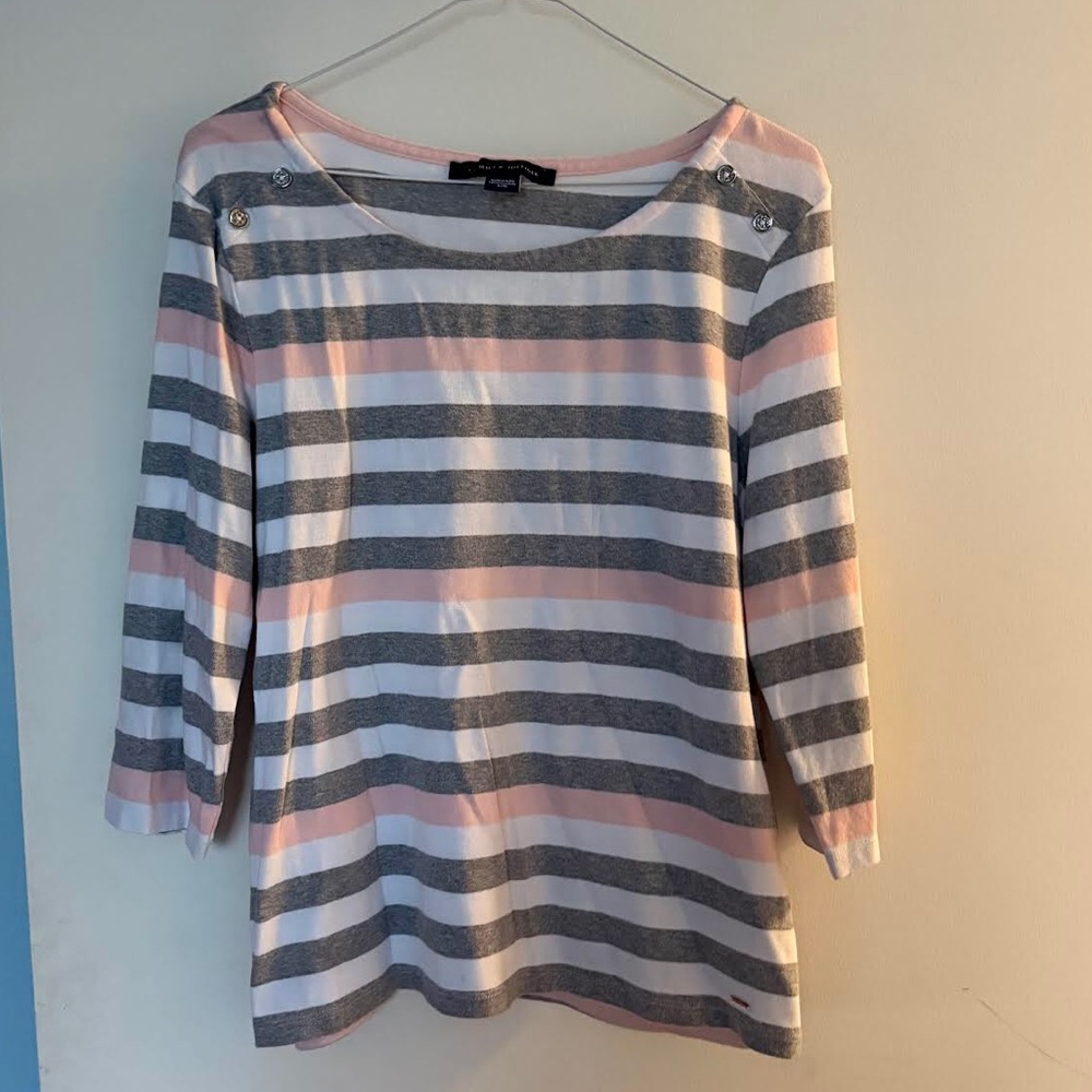 Tommy Hilfiger Pink, Gray & White Striped Boatneck Top